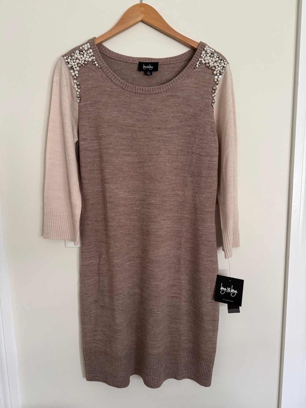 by & by Taupe Body with Cream Sleeves Pearl-Embellished Sweater Dress